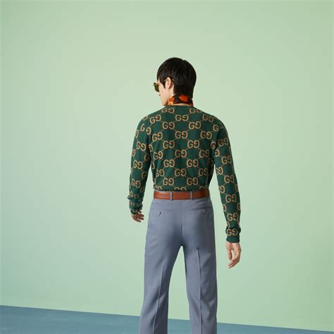 maglione gucci lana uomo|Maglione in jacquard di lana GG in nero e verde .